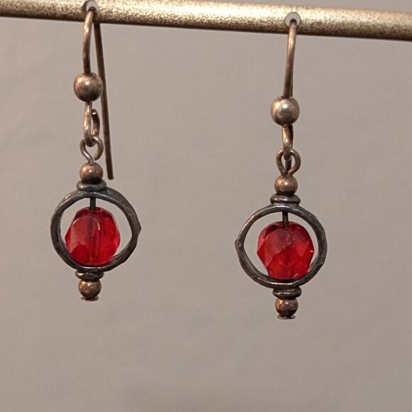 925 Sterling Red Crystal Bead Dangle French Wire Earrings - Picture 5 of 5